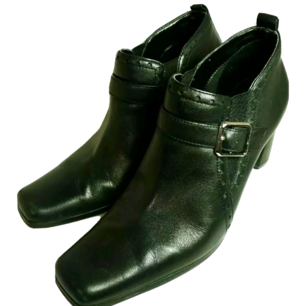 Worthington Ankle Boots  Women's 5 1/2M Black Leather Buckle Strap Square Toe